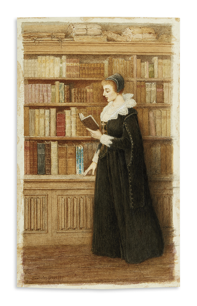 GREEN, HENRY TOWNELEY (1836–1899). [Woman in a library.]